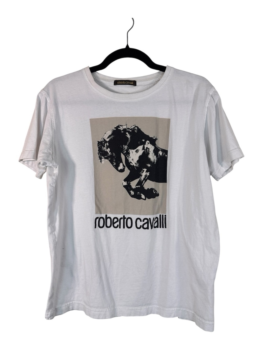Roberto Cavalli Horse Print White Short Sleeve Tee Shirt Womens M Casual Luxury